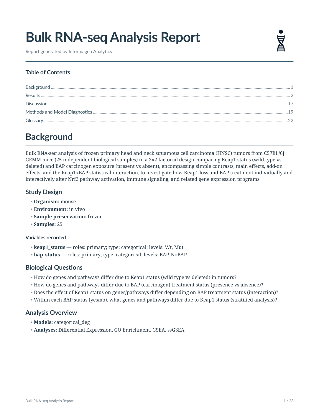 First page of the Keap1 experiment report